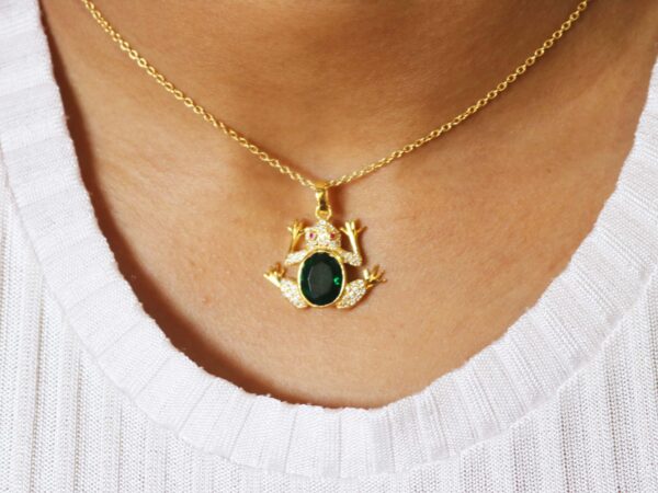 14k Yellow Gold Natural Emerald with Diamond and Ruby Frog Animal Pendant Necklace