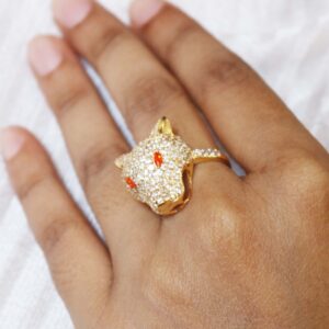 Diamond with Carnelian Panther 14k Solid Yellow Gold Animal Ring Unisex Gift