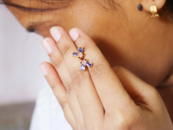 Blue Sapphire and Natural Ruby 14k Yellow Gold Butterfly Stud Earrings - Image 4
