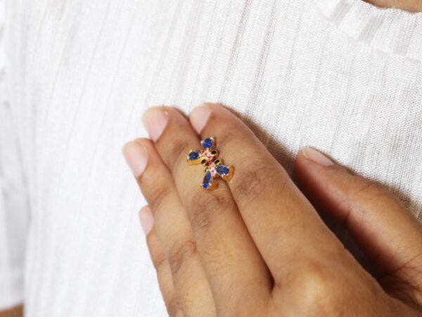 Blue Sapphire and Natural Ruby 14k Yellow Gold Butterfly Stud Earrings - Image 3