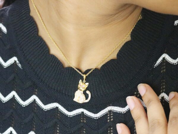 Natural Diamond 14k Yellow Solid Gold Cat Charm Pendant Chain Necklace Wedding Gift - Image 3