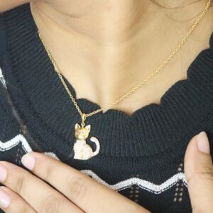 Natural Diamond 14k Yellow Solid Gold Cat Charm Pendant Chain Necklace Wedding Gift