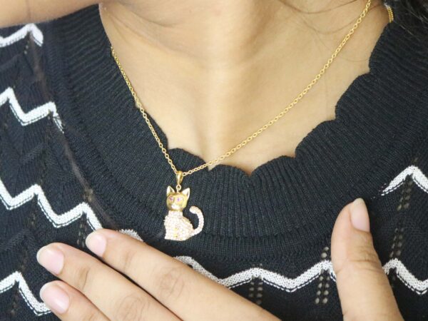 Natural Diamond 14k Yellow Solid Gold Cat Charm Pendant Chain Necklace Wedding Gift