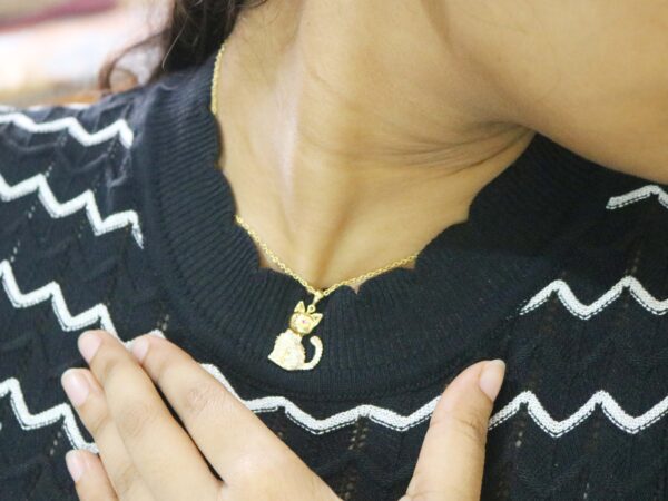 Natural Diamond 14k Yellow Solid Gold Cat Charm Pendant Chain Necklace Wedding Gift - Image 2