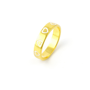 14k Yellow Gold White Enamel Heart Love Ring - Solid Gold Stacking Promise Band Ring