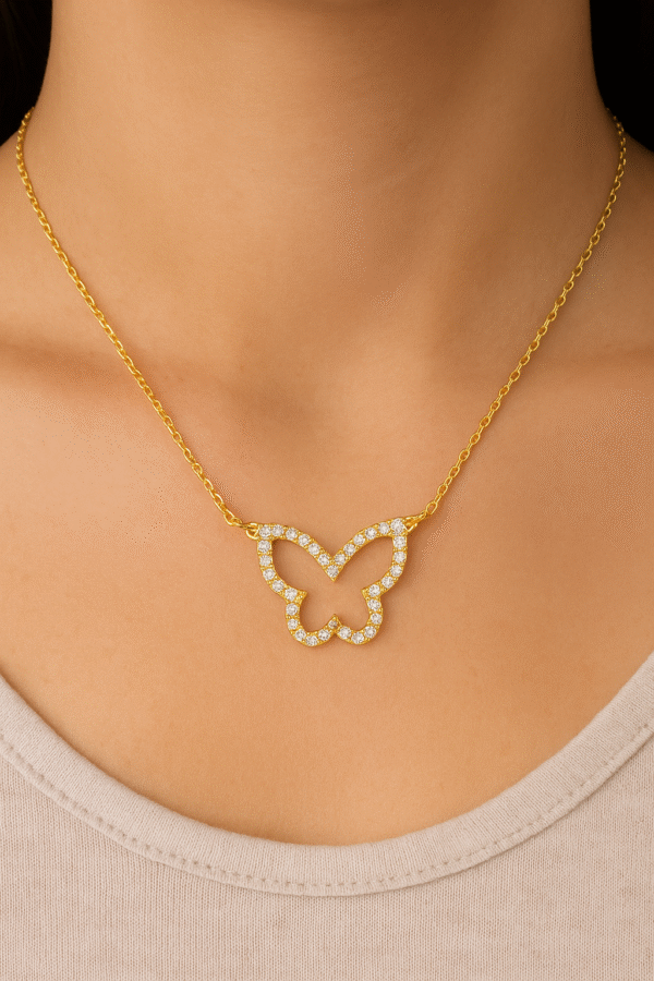 Natural Diamond 14k Yellow Gold Butterfly Chain Necklace For Women Gift - Image 2