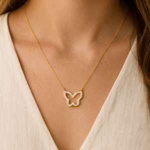 Natural Diamond 14k Yellow Gold Butterfly Chain Necklace For Women Gift