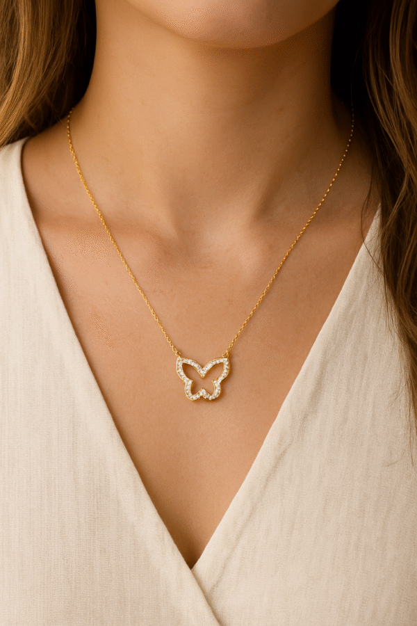 Natural Diamond 14k Yellow Gold Butterfly Chain Necklace For Women Gift