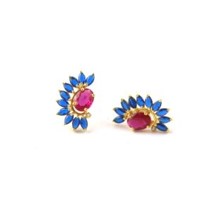 Natural Blue Sapphire With Ruby 14k Yellow Gold Flower Stud Earrings Women Women Gift