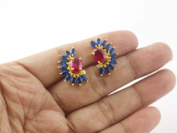Natural Blue Sapphire With Ruby 14k Yellow Gold Flower Stud Earrings Women Women Gift - Image 8