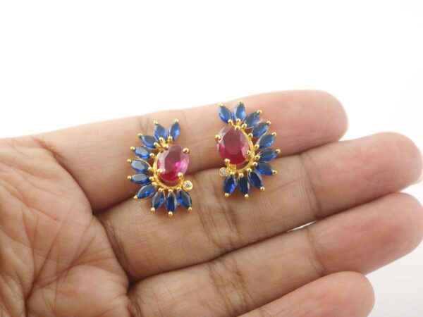Natural Blue Sapphire With Ruby 14k Yellow Gold Flower Stud Earrings Women Women Gift - Image 7
