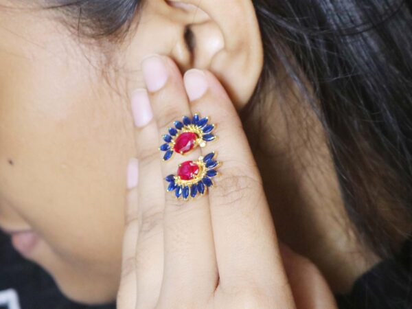 Natural Blue Sapphire With Ruby 14k Yellow Gold Flower Stud Earrings Women Women Gift - Image 6