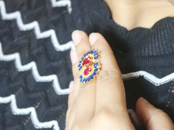 Natural Blue Sapphire With Ruby 14k Yellow Gold Flower Stud Earrings Women Women Gift - Image 5