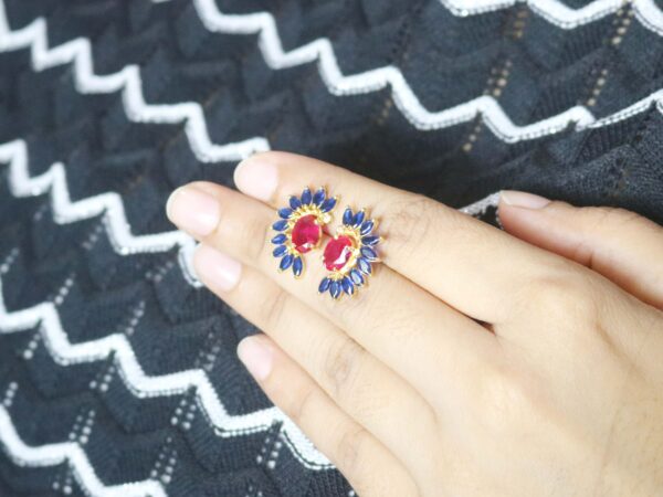 Natural Blue Sapphire With Ruby 14k Yellow Gold Flower Stud Earrings Women Women Gift - Image 4