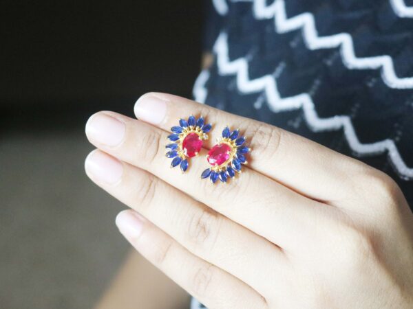 Natural Blue Sapphire With Ruby 14k Yellow Gold Flower Stud Earrings Women Women Gift - Image 3