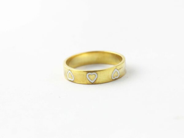 14k Yellow Gold White Enamel Heart Love Ring - Solid Gold Stacking Promise Band Ring - Image 3