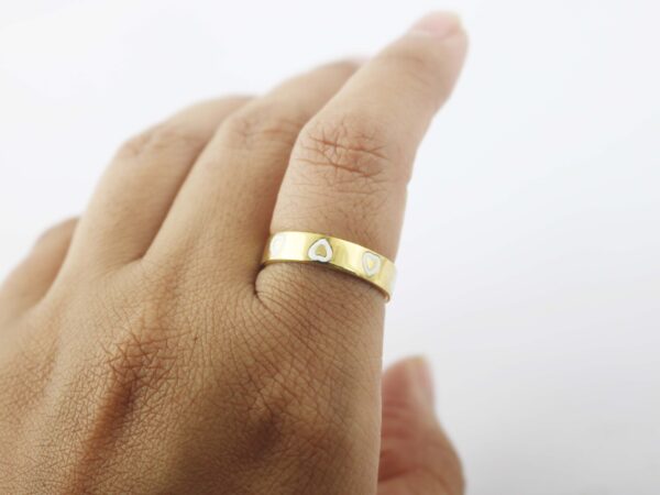 14k Yellow Gold White Enamel Heart Love Ring - Solid Gold Stacking Promise Band Ring - Image 4
