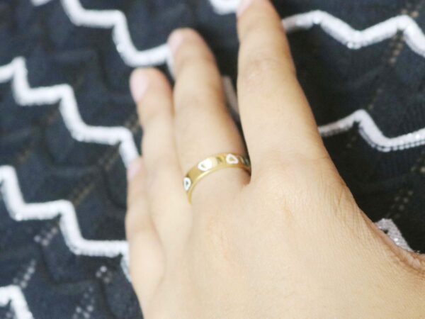 14k Yellow Gold White Enamel Heart Love Ring - Solid Gold Stacking Promise Band Ring - Image 5