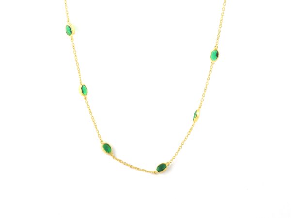 Natural Emerald 14k Yellow Gold Bezel Chain Station Necklace For Women - Image 9