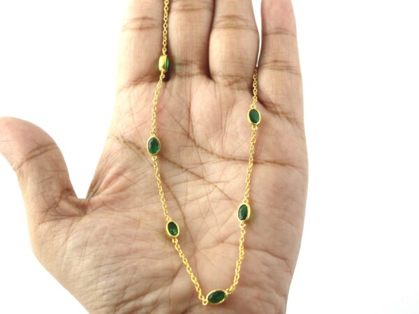 Natural Emerald 14k Yellow Gold Bezel Chain Station Necklace For Women - Image 7