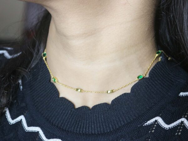 Natural Emerald 14k Yellow Gold Bezel Chain Station Necklace For Women - Image 6