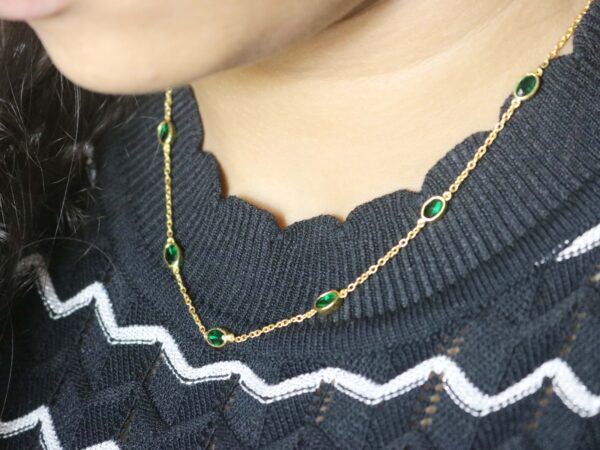 Natural Emerald 14k Yellow Gold Bezel Chain Station Necklace For Women - Image 3