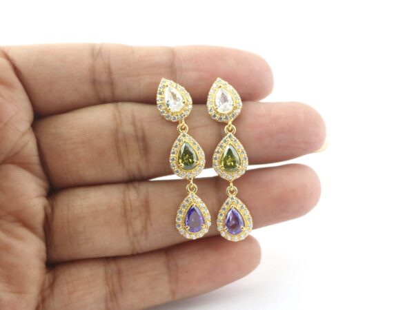 Multi Gemstone 14k Yellow Gold Dangle Drop Earrings - Amethyst Peridot and White Topaz With Diamond Earrings - Image 9