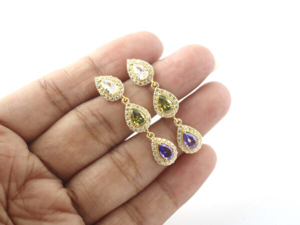 Multi Gemstone 14k Yellow Gold Dangle Drop Earrings - Amethyst Peridot and White Topaz With Diamond Earrings - Image 8