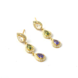 Multi Gemstone 14k Yellow Gold Dangle Drop Earrings - Amethyst Peridot and White Topaz With Diamond Earrings