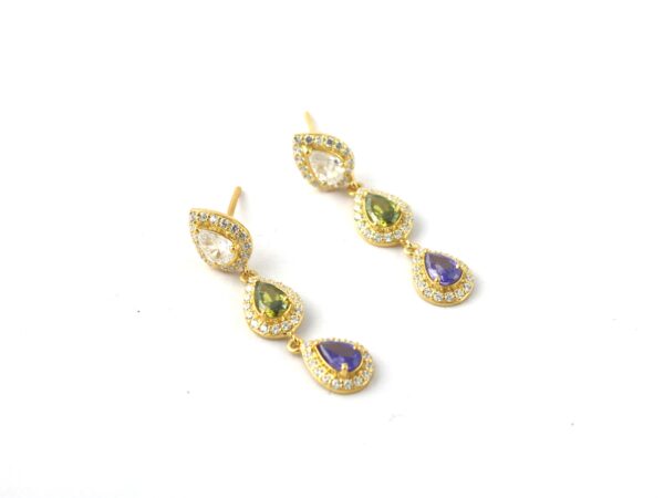 Multi Gemstone 14k Yellow Gold Dangle Drop Earrings - Amethyst Peridot and White Topaz With Diamond Earrings