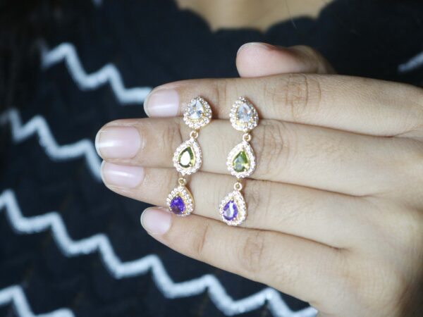 Multi Gemstone 14k Yellow Gold Dangle Drop Earrings - Amethyst Peridot and White Topaz With Diamond Earrings - Image 3