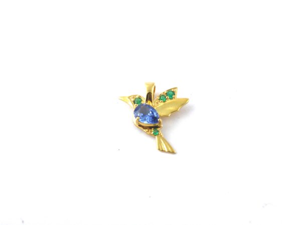 14k Yellow Gold Humming Bird Blue Sapphire with Emerald Pendant - Pendant With Chain Gift For Her - Image 9
