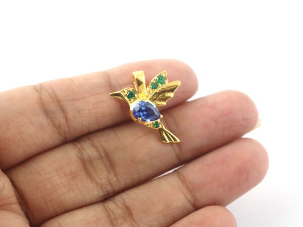 14k Yellow Gold Humming Bird Blue Sapphire with Emerald Pendant - Pendant With Chain Gift For Her - Image 5
