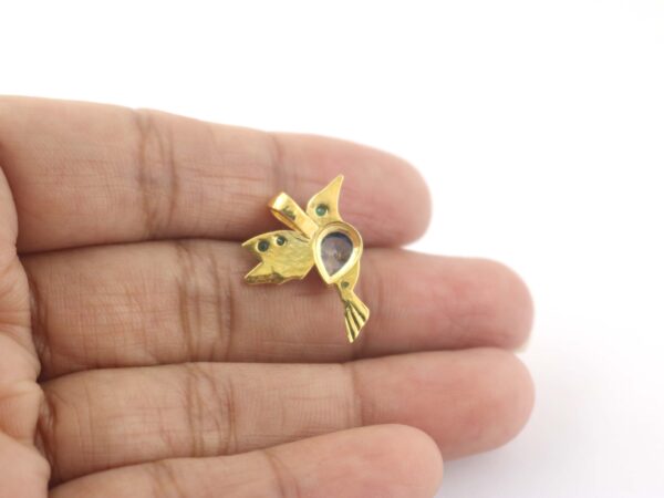 14k Yellow Gold Humming Bird Blue Sapphire with Emerald Pendant - Pendant With Chain Gift For Her - Image 11