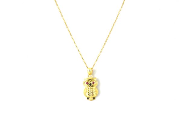 Natural Ruby Owl 14k Yellow Gold Pendant - Handmade July Birthstone Pendant Necklace - Image 4