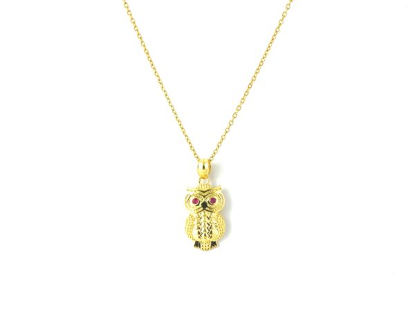 Natural Ruby Owl 14k Yellow Gold Pendant - Handmade July Birthstone Pendant Necklace - Image 3