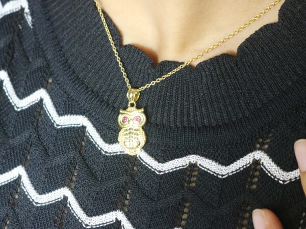 Natural Ruby Owl 14k Yellow Gold Pendant - Handmade July Birthstone Pendant Necklace - Image 7