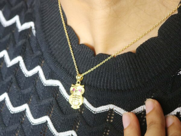 Natural Ruby Owl 14k Yellow Gold Pendant - Handmade July Birthstone Pendant Necklace - Image 2