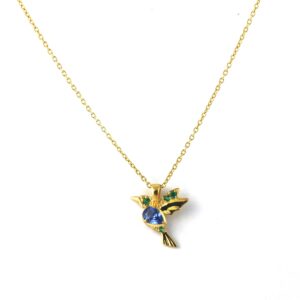 14k Yellow Gold Humming Bird Blue Sapphire with Emerald Pendant - Pendant With Chain Gift For Her