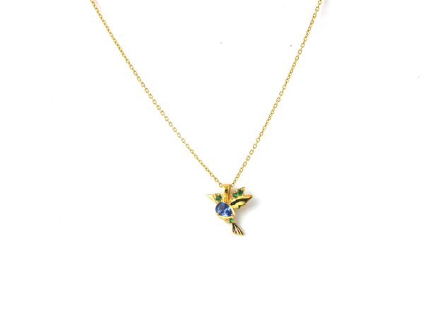 14k Yellow Gold Humming Bird Blue Sapphire with Emerald Pendant - Pendant With Chain Gift For Her - Image 2