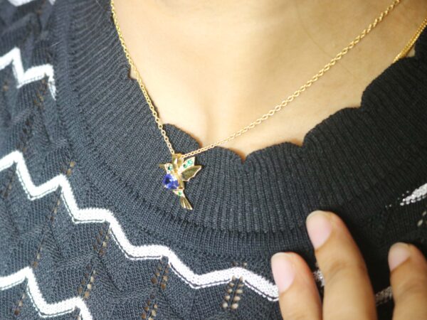 14k Yellow Gold Humming Bird Blue Sapphire with Emerald Pendant - Pendant With Chain Gift For Her - Image 10