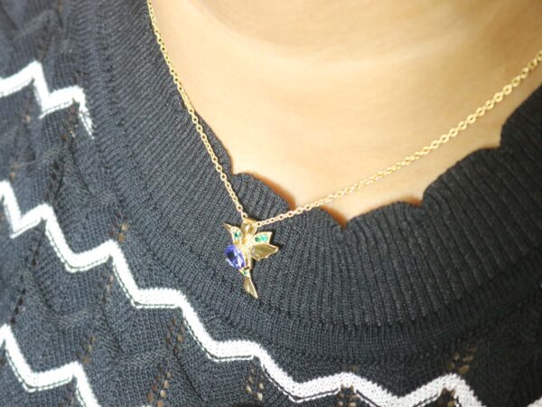 14k Yellow Gold Humming Bird Blue Sapphire with Emerald Pendant - Pendant With Chain Gift For Her - Image 8