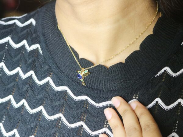 14k Yellow Gold Humming Bird Blue Sapphire with Emerald Pendant - Pendant With Chain Gift For Her - Image 3