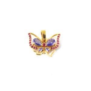 Natural Amethyst Gemstone with Ruby Butterfly 18k Yellow Gold Pendant Chain Necklace