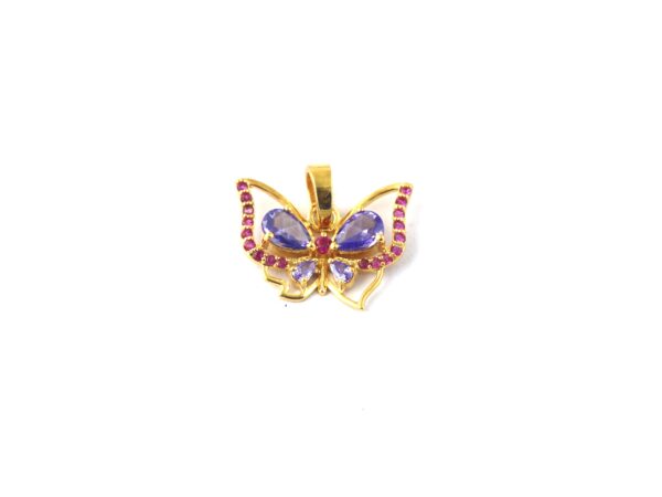 Natural Amethyst Gemstone with Ruby Butterfly 18k Yellow Gold Pendant Chain Necklace
