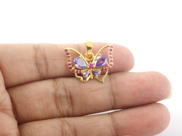 Natural Amethyst Gemstone with Ruby Butterfly 18k Yellow Gold Pendant Chain Necklace - Image 7