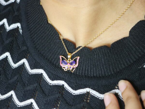 Natural Amethyst Gemstone with Ruby Butterfly 18k Yellow Gold Pendant Chain Necklace - Image 6