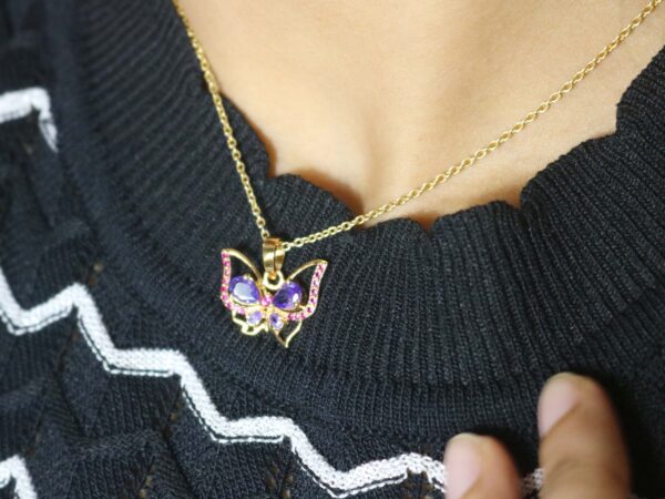 Natural Amethyst Gemstone with Ruby Butterfly 18k Yellow Gold Pendant Chain Necklace - Image 4