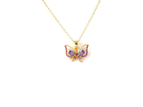 Natural Amethyst Gemstone with Ruby Butterfly 18k Yellow Gold Pendant Chain Necklace - Image 3