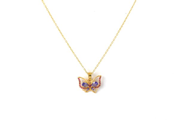 Natural Amethyst Gemstone with Ruby Butterfly 18k Yellow Gold Pendant Chain Necklace - Image 2